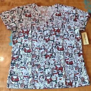 Women's Scrub Top Size Large by Gabby Brooke Christmas Santa Penguin pattern